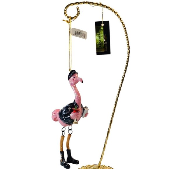 December Diamonds Pink Flamingo Hanging Ornament Leather Jacket Boots - Picture 1 of 8